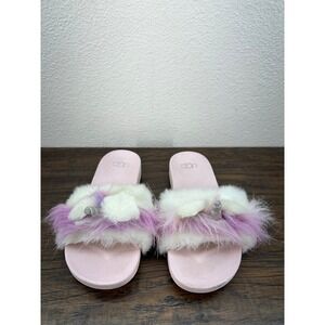 UGG Girls Youth Pink White Unicorn Fur Slip On Slide Sandals Size 3